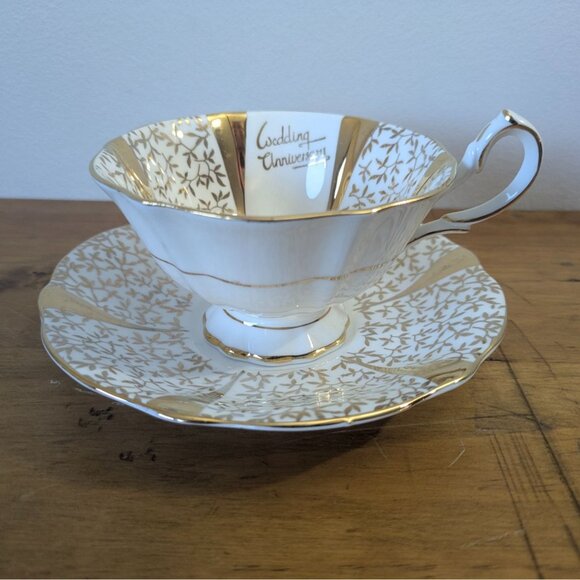Queen Anne Tea Cup Saucer Wedding Anniversary Design Gold Trim England Vintage - Picture 4 of 16
